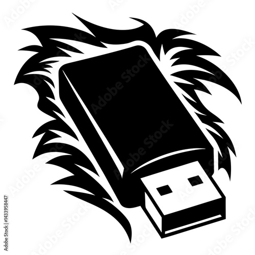 Abstract USB Drive Icon with Decorative Tribal Style Flair in Black and White