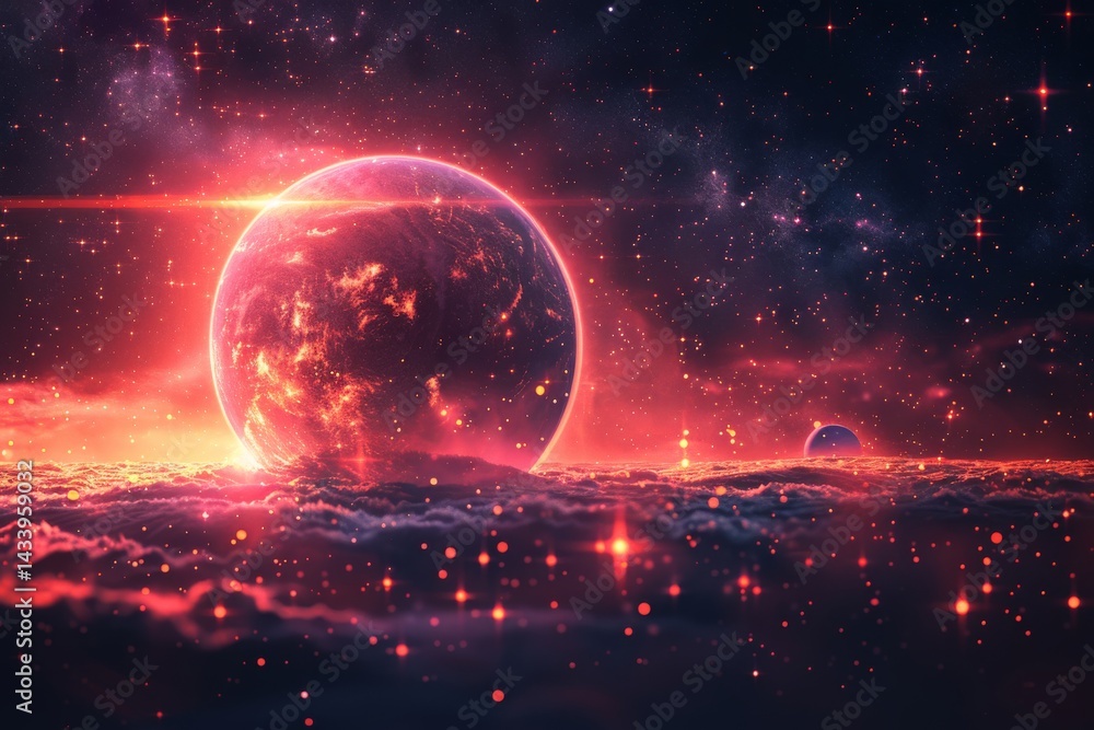 Obraz premium Vibrant cosmic view featuring a glowing planet above colorful clouds in a stellar landscape at dawn
