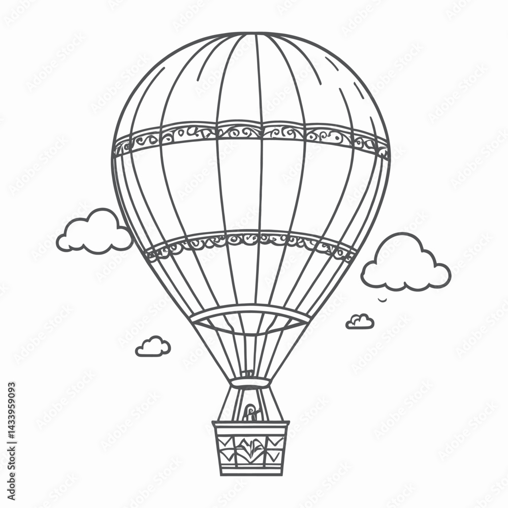 Obraz premium A whimsical hot air balloon drawing soars through fluffy clouds a perfect illustration for travel adventure and childhood dreams