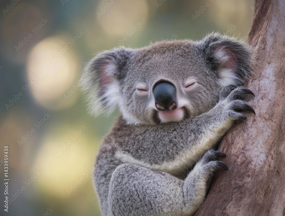 Fototapeta premium Adorable koala resting peacefully on a tree branch in a sunny and vibrant natural setting