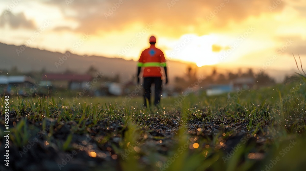 Fototapeta premium Worker walking towards sunset, disaster relief concept, Man in orange vest walking away at sunset