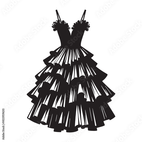 Layered Ruffled Dress silhouette, texture meets grace – Ruffled Dress illustration – Minimalist Ruffled Dress vector – Ladies dress silhouette

