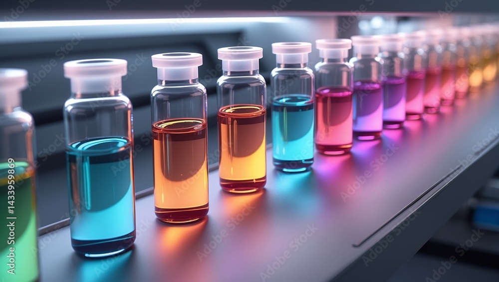 Elevated view of vivid gradient liquid vials Elevated view of vivid gradient liquid vials