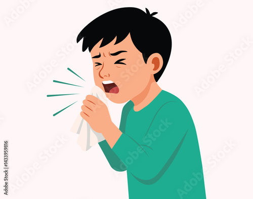 Sick Child Sneezing Illustration Flat Style Cold and Flu Concept