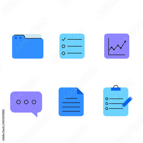 Set of colorful vector icons related to documents, files, tasks, and data management. Includes icons of a folder, checklist, graph, chat bubble, document, and clipboard. Minimalistic and modern flat d