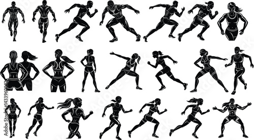A collage of stylized black silhouettes depicting various human figures in dynamic athletic poses. Feature runners and sprinters, showcasing strong, muscular builds, athletes, and running stances.