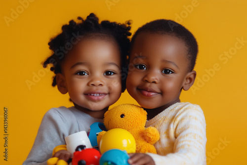 A young African girl and boy, 1-3 years old, sharing colorful toys on a yellow background. Perfect for promoting sibling bonding and sharing.