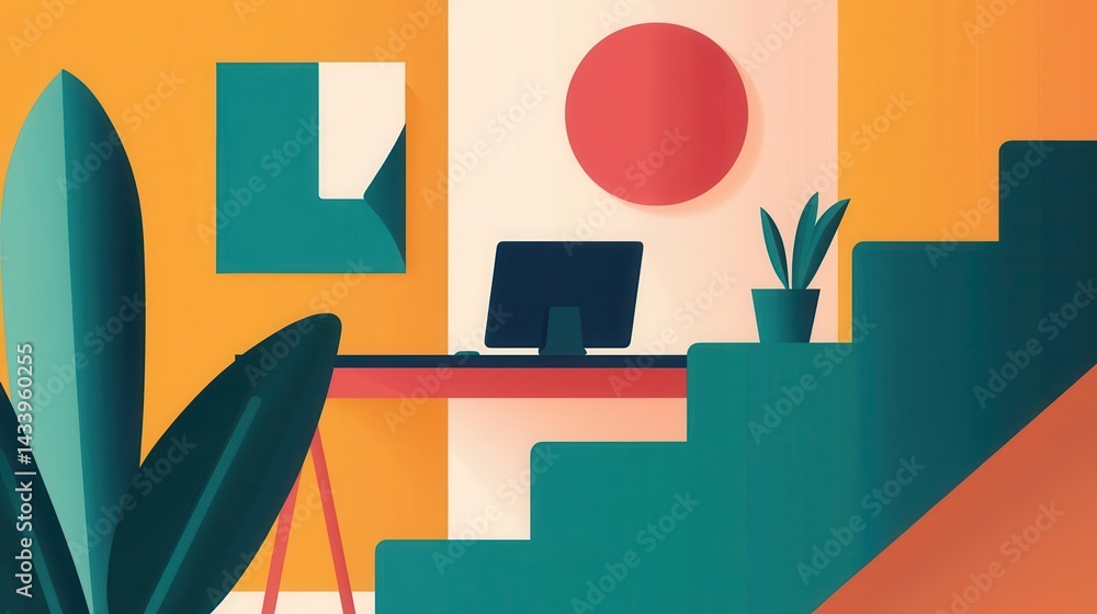 Fototapeta premium Office flexibility, standing desks near staircases, flat design illustration