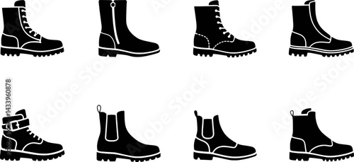 Collection of black boot silhouettes featuring laces buckles zippers and elastic ankle boots