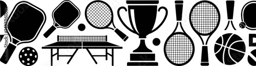 Sports equipment icon set black and white illustration