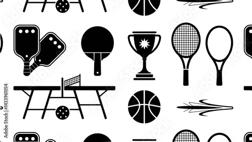 Seamless sports pattern featuring table tennis racquet basketball tennis paddle badminton