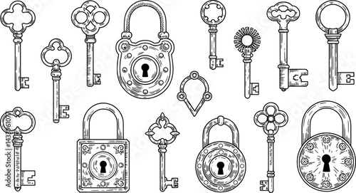 Antique keys and padlocks engraving style vector illustration collection