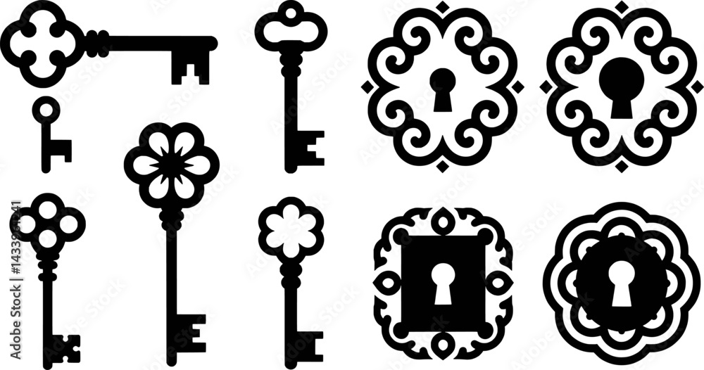 Obraz premium Vintage key and keyhole silhouettes decorative elements set black and white