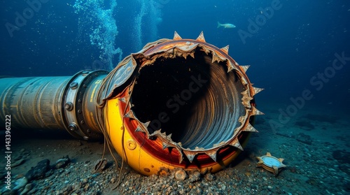 Broken subsea gas pipeline with visible explosion damage on the ocean floor