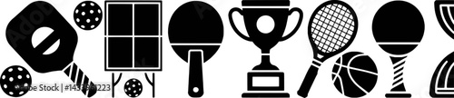 Black and white sports equipment icons ranging from pickleball to waterpolo