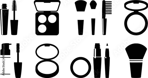 Black silhouette of makeup and beauty products on a white background
