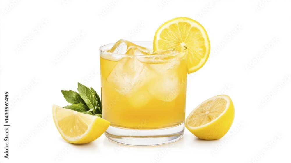 Fresh Lemonade with Ice and Lemon Slices. Generative AI