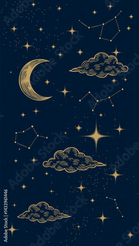 Starry night sky vertical background. Bright golden moon, stars, clouds and constellations wallpaper. Vertical Space backdrop. Dark Sky with shiny stars. Vector Illustration.