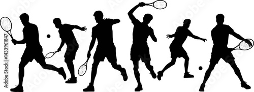 Tennis players silhouettes in action demonstrating different strokes and movement on court