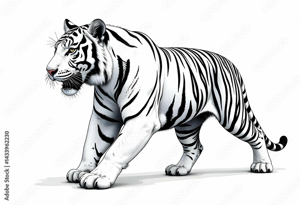 Obraz premium Black ink line art drawing of a tiger in a bold, stylized pose, isolated on a clean white background