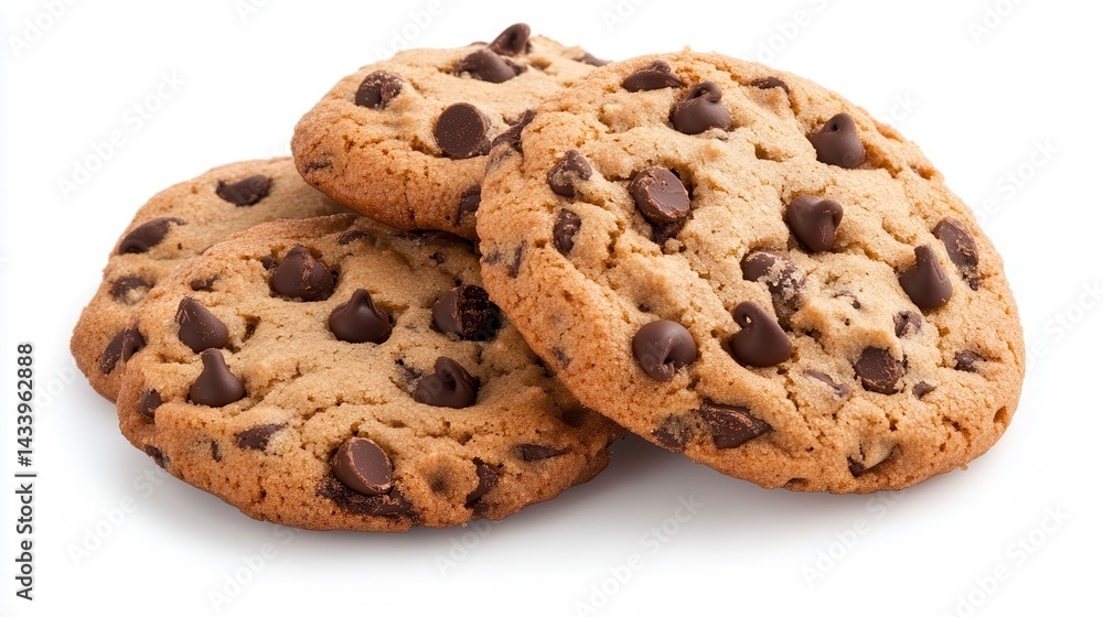 Three delicious chocolate chip cookies isolated on white. Three delicious chocolate chip cookies isolated on white.