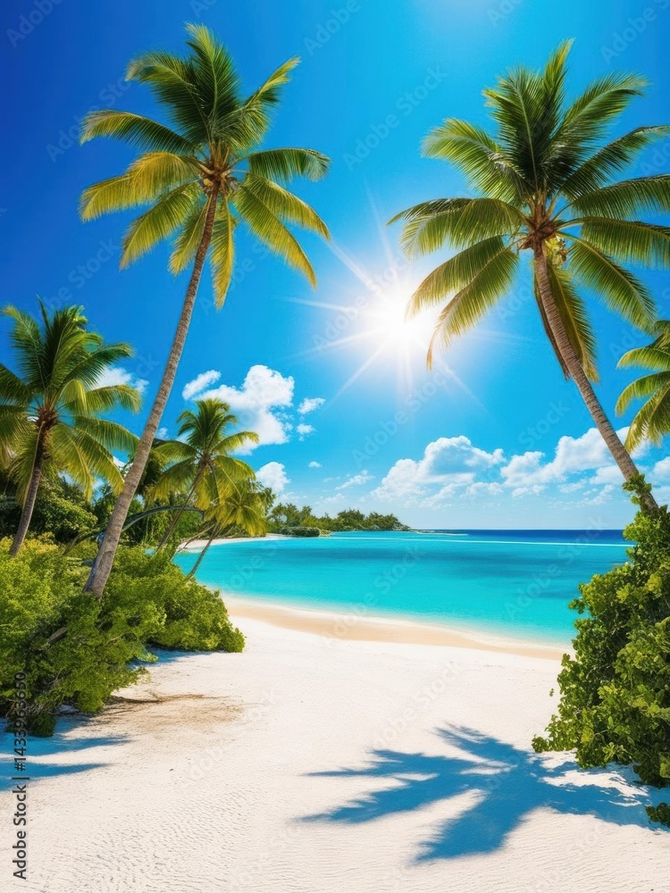 Obraz premium A stunning tropical beach scene featuring palm trees, bright blue water, and a clear sky, evoking a sense of relaxation and paradise.