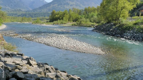 Chilliwack River (tilt up) as seen from the Vedder Rotary Trail North during a spring season in Chilliwack, Fraser Valley, British Columbia, Canada