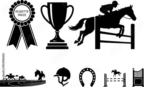 Equestrian sports vector silhouette with horse jumping rosette and trophy design