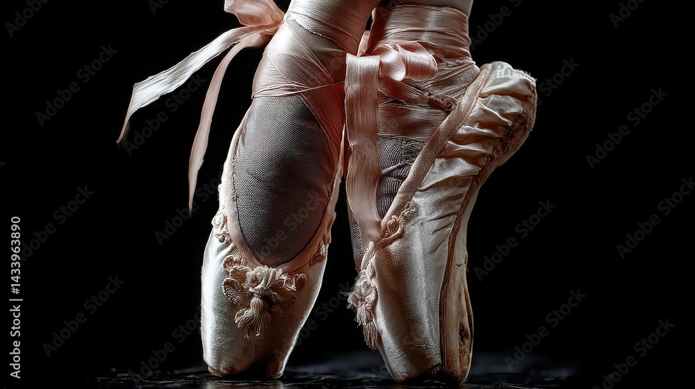 Obraz premium Close-up of a ballet dancers feet in pointe shoes with pink ribbon on a wooden floor background