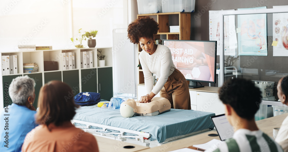 Obraz premium Woman, student and dummy for cpr training with demonstration, compression and breathing safety. Person, mannequin and ventilation process for medical emergency, healthcare protocol and cardiac arrest