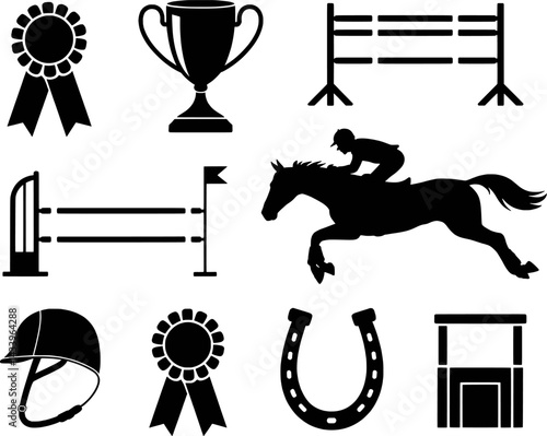 Equestrian sport black silhouette icons set horse jumping show competition elements