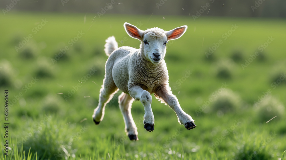 Fototapeta premium Joyful Leap of a Lamb: A single adorable lamb leaps with pure delight in a sun-drenched field of green. capturing the pure joy and triumph of springtime.