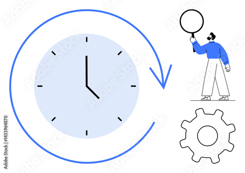 Large clock with blue arrow encircling it, gear, and person holding a circle. Ideal for productivity, workflow, efficiency, task prioritization, planning, organization simple landing page