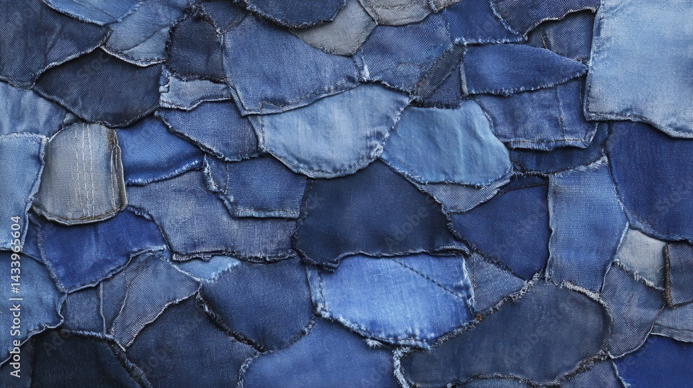 Denim patchwork texture close-up view of blue fabric pieces. Generative AI