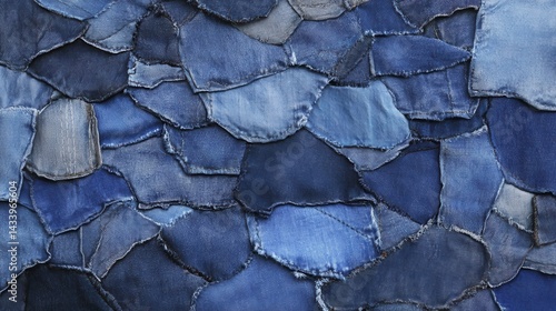 Denim patchwork texture close-up view of blue fabric pieces. Generative AI