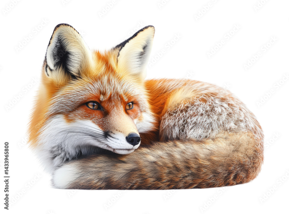 Fototapeta premium Graceful red fox lying in relaxed pose nature habitat wildlife isolated on transparent background