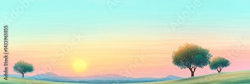 Cute Cartoon Vector Illustration in Flat Style of  Meadow and Distant Trees: landscape, horizon and the sun rising in the sky,soft pastel colors ,summer dawn with copy space,Minimal.