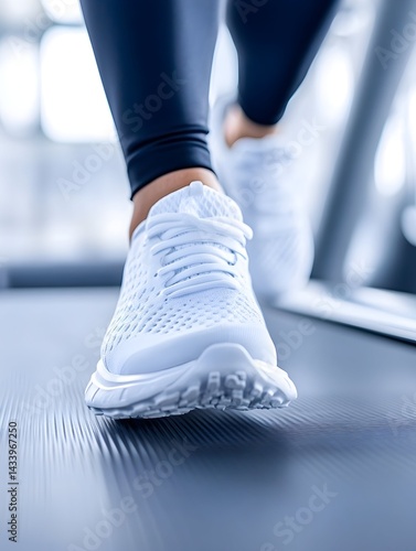 Close-up of white athletic shoes on a treadmill during a workout