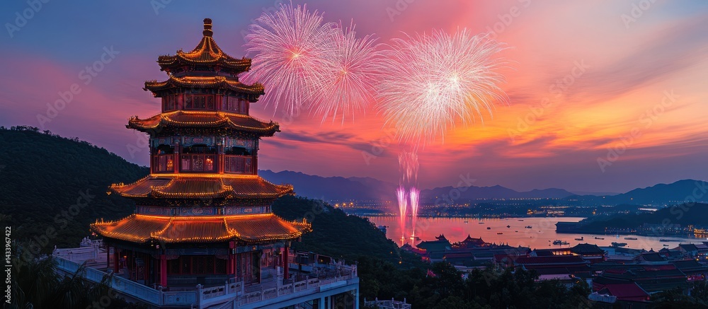 Fototapeta premium Pagoda fireworks sunset lake vista