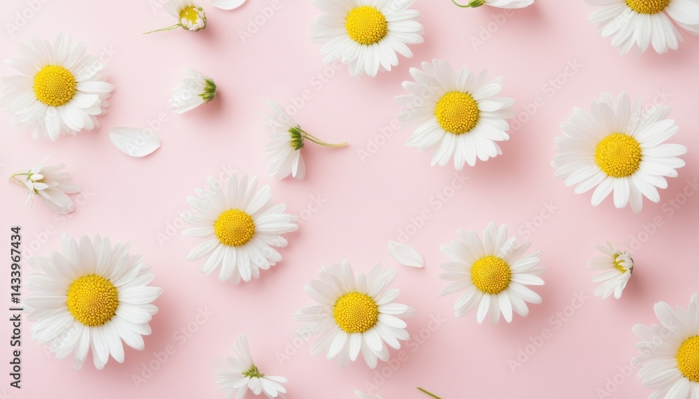 Obraz premium Delicate daisies scattered on a pastel pink background. Small, white flowers with yellow centers arranged in a pattern. Petals and buds scattered around