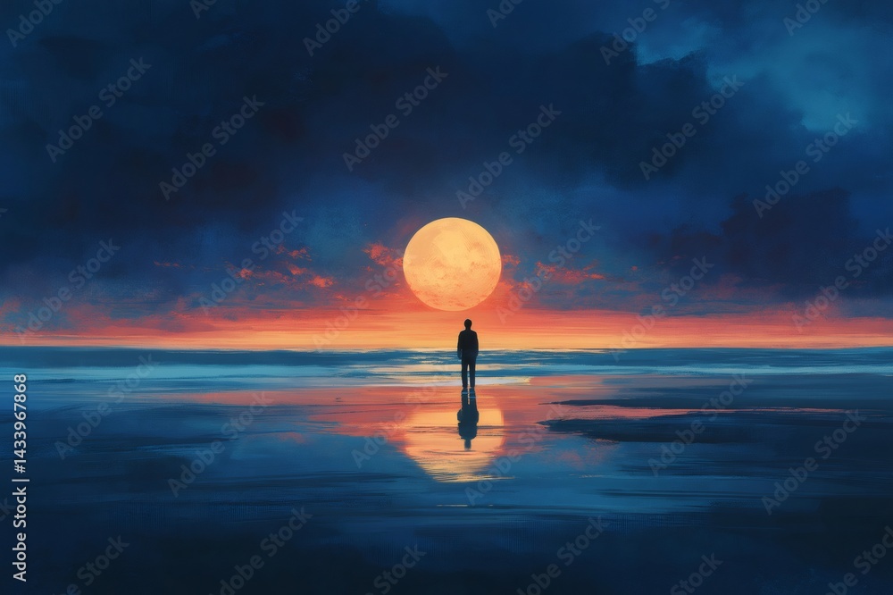 Businessman standing on wet beach surface admiring setting sun and rising moon reflecting in water