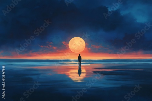 Obraz na płótnie Businessman standing on wet beach surface admiring setting sun and rising moon reflecting in water w salonie