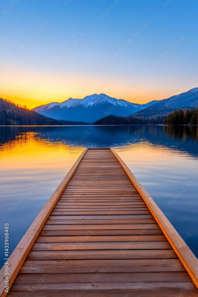 Serene sunset over a still lake, wooden dock extending towards snow-capped mountains Serene sunset over a still lake, wooden dock extending towards snow-capped mountains