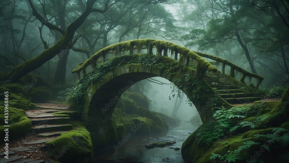 Fototapeta premium Enchanting stone bridge over misty forest floor