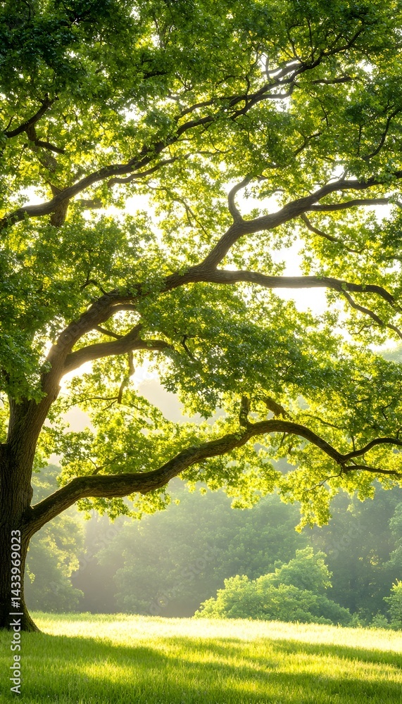 Sunlit, majestic tree casting shade on a verdant meadow Sunlit, majestic tree casting shade on a verdant meadow