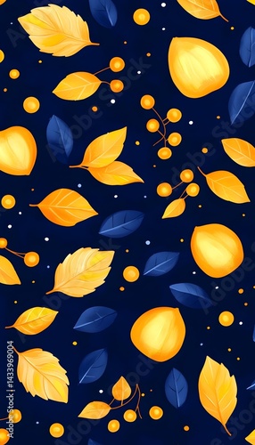 Yellow and blue leaves and berries on a dark background, forming a repeating pattern