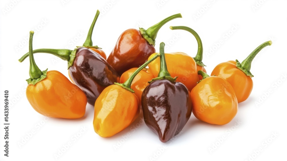 Fresh orange and brown habanero chili peppers on a white background. Generative AI