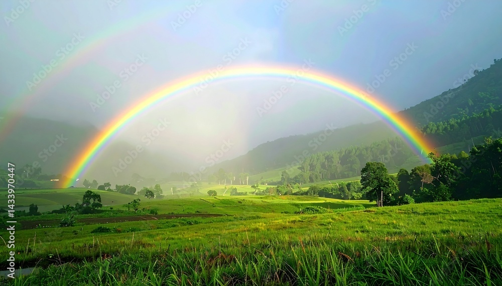 A vibrant rainbow arching across a misty valley, the spectrum reflecting over lush green fields. A vibrant rainbow arching across a misty valley, the spectrum reflecting over lush green fields.