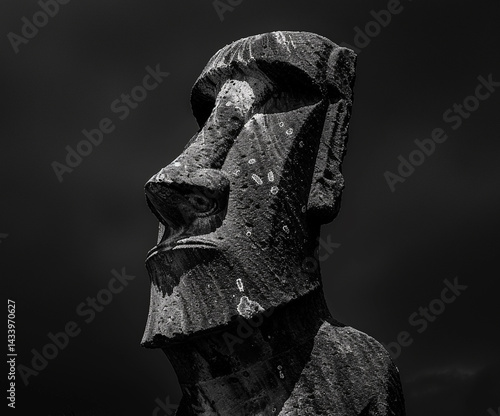 Detailed close-up of a weathered Moai statue from Easter Island, showcasing intricate stone textures and timeless craftsmanship against a dark, minimalist background