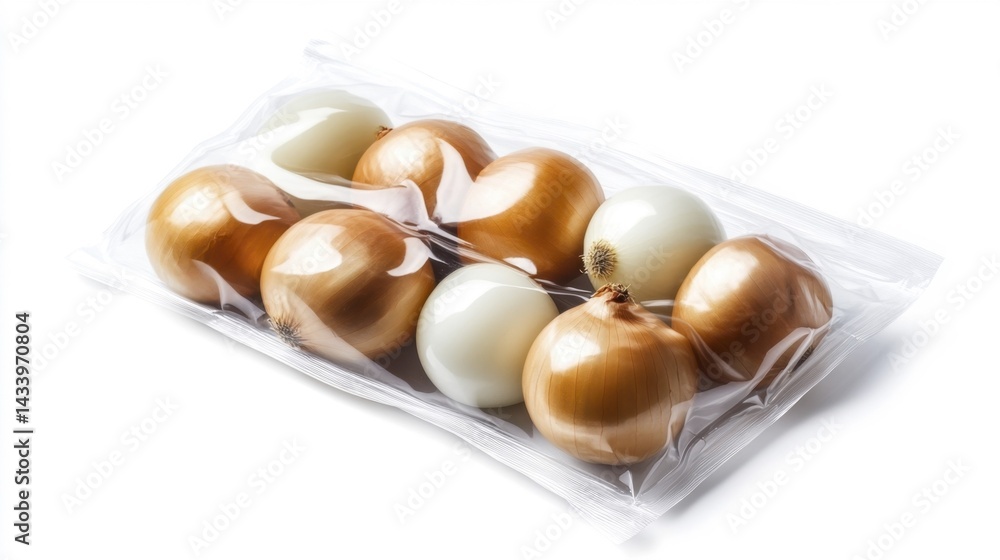Frozen onions in transparent packaging isolated on white background. Generative AI